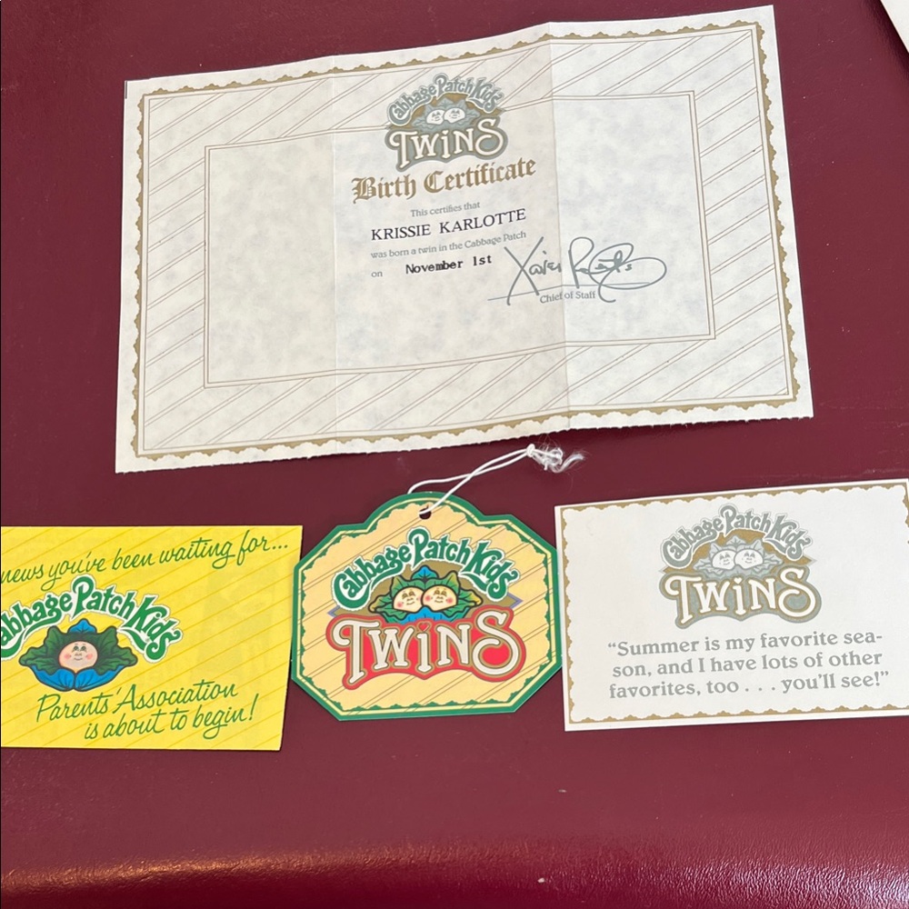 Cabbage Patch Kids Twins Adoption Papers & Birthday Cards